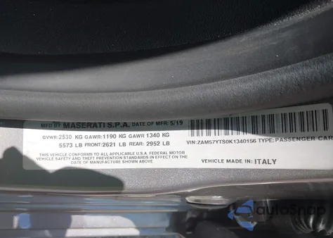 2019 Maserati Ghibli S Q4 Gransport z USA, uszkodzony, nr VIN ZAM57YTS0K1340156